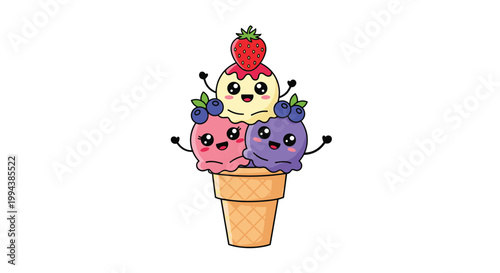 Kawaii style three scoop ice cream cone with happy faces strawberry and blueberry toppings on white background base.