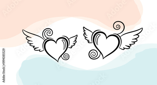 Artistic sketch of two winged hearts with decorative swirls and abstract pastel color blobs on the white background.