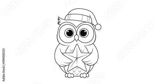 Cute owl character wearing a winter beanie hat and holding a large star for a kids coloring book activity for toddlers.