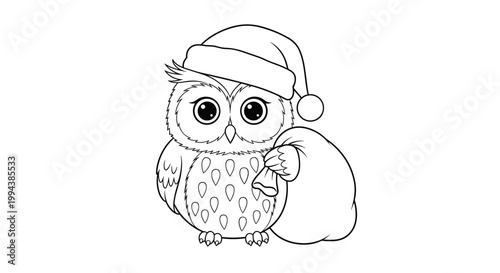 Christmas owl character wearing a santa claus hat and carrying a large sack of presents for coloring activity book.