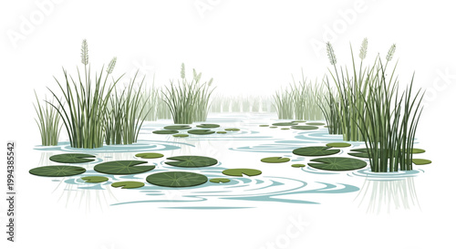 A serene illustration celebrates World Wetlands Day, displaying tall reeds and lily pads floating peacefully on the water's surface with gentle ripples, rendered in a soft, muted color