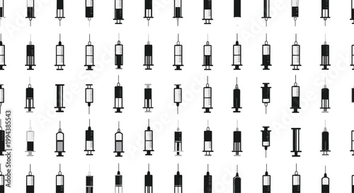 Medical syringe icons seamless pattern on white background represents healthcare equipment and vaccination concepts in minimalist design.