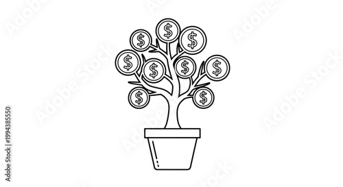 Money tree growing in a ceramic pot illustration features dollar coins as leaves to represent financial growth and wealth investment concepts.