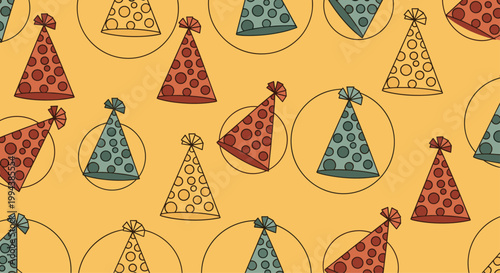 Colorful party hats with various patterns scattered on a bright yellow background evoke a festive atmosphere for birthday and holiday celebrations.