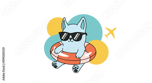 Blue cat character wearing sunglasses and floating in a lifebuoy depicts a relaxing summer vacation theme with an airplane flying in the sky.
