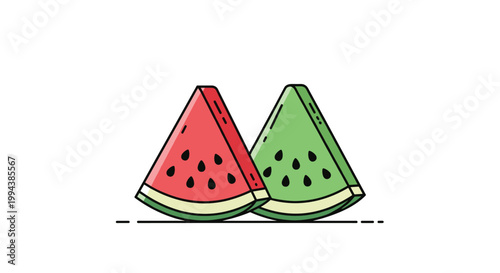 Two slices of watermelon in red and green colors with black seeds are illustrated in a simple vector style for summer fruit and food themes.