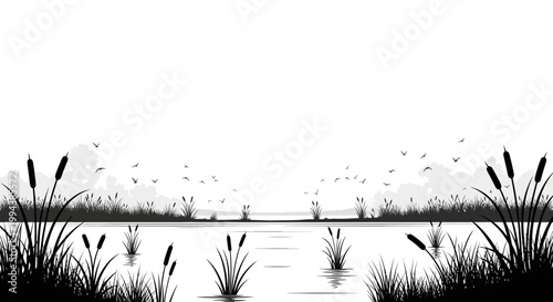 A minimalist monochrome illustration depicts a tranquil wetland scene with silhouetted cattails and reeds reflected in the calm water, evoking a peaceful mood in celebration of World