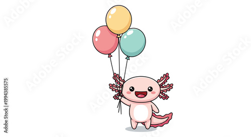Cheerful pink axolotl character holding a bunch of colorful balloons represents a festive and whimsical celebration theme for greeting cards.