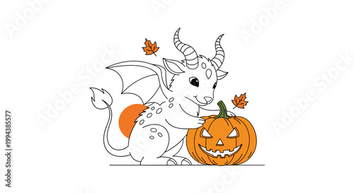 Cute dragon character holding a carved pumpkin with autumn leaves and a sunset background represents a whimsical and friendly halloween theme.