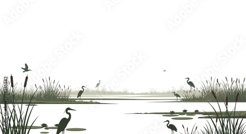 Illustrative depiction of wetlands featuring herons standing and flying among reeds, in a minimalist style evoking World Wetlands Day, rendered with a limited color palette on a bright
