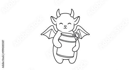 Small winged monster character holding a large mug with a friendly expression offers a cute line art illustration for coloring or card design.