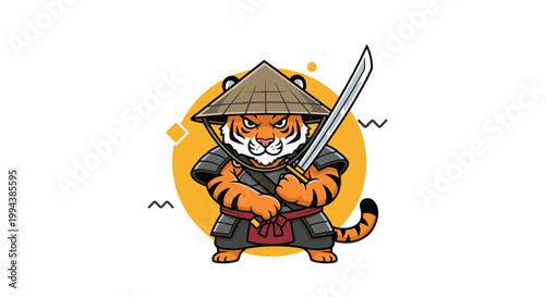 Samurai tiger character wearing traditional japanese armor and holding a katana sword represents strength and courage in a bold graphic style.