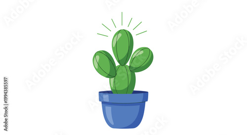Potted cactus with round green sections and radiating lines in a blue pot offers a simple and bright botanical illustration for home decor.