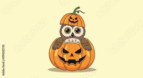 Adorable owl character wearing a jack-o-lantern pumpkin hat and sitting inside a carved pumpkin for halloween celebration.