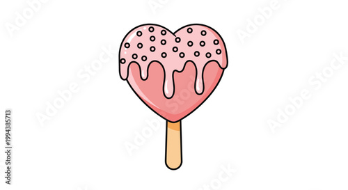 Heart-shaped popsicle with pink strawberry frosting and white sprinkles on a wooden stick isolated on white background.