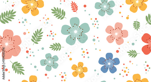 Colorful spring flower pattern with various blooms and leaves scattered on a white background provides a fresh and vibrant botanical design.