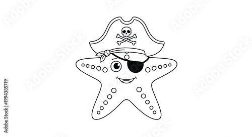Simple black and white line art coloring page of a cute starfish character wearing a pirate hat and eyepatch decoration.