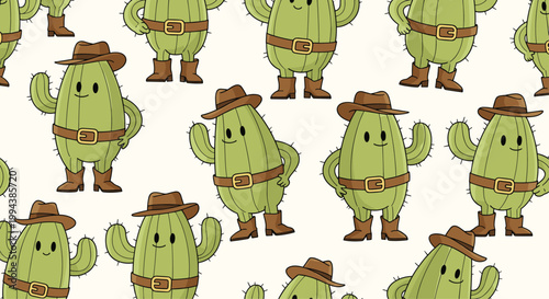 Seamless pattern with funny cactus characters wearing brown cowboy hats belts and boots on a light cream background.