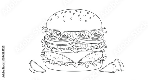 Detailed line art coloring page of a large delicious hamburger with meat patty cheese lettuce tomato and fresh onions.