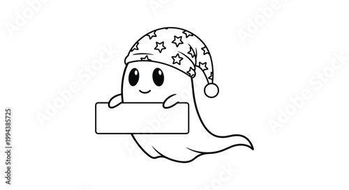 Black and white coloring page for kids of a cute ghost wearing a star patterned sleeping cap holding a blank banner frame.