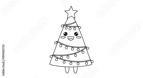 Kawaii style coloring page of a smiling Christmas tree decorated with string lights and topped with a bright star symbol.