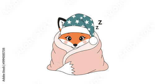 Adorable red fox wrapped in a warm pink blanket and wearing a green star patterned nightcap sleeping peacefully at night.
