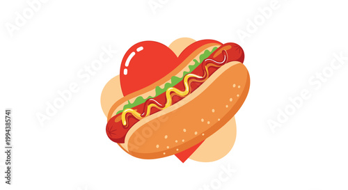 Tasty hot dog with mustard ketchup and green lettuce served on a red heart shaped background isolated on white background.