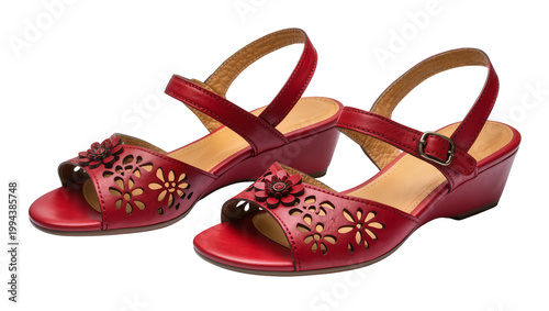 Foto Red leather wedge sandals with floral cutouts and single strap