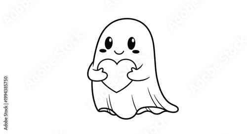 Friendly halloween ghost character holding a large heart symbol of love and kindness for kids coloring activity book.