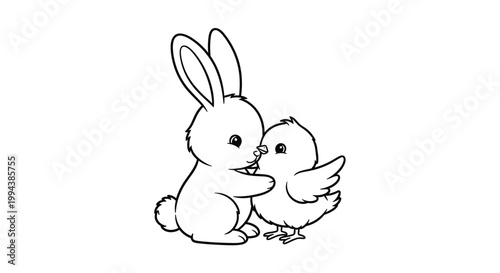 Easter themed coloring page of a fluffy baby rabbit hugging a cute baby chick symbol of friendship and spring season.