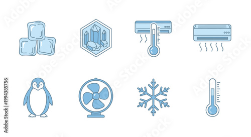 A collection of linear icons depicting winter cooling and water elements in shades of blue