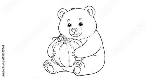 Cute teddy bear character sitting and hugging a large autumn pumpkin for a kids halloween coloring book activity page.