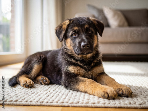 Fotografía Sweet German Shepherd puppy calmly lying on a cozy rug in a bright living room, looking gently at the camera
