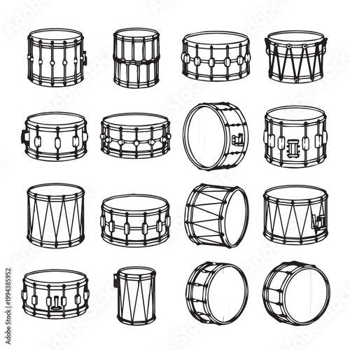 Collection of snare drums in a hand-drawn sketch style on a white background