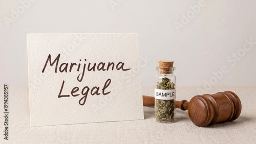 Marijuana legalization concept with sample vial and gavel representing cannabis law policy regulation decriminalization and legal status discussion for educational awareness