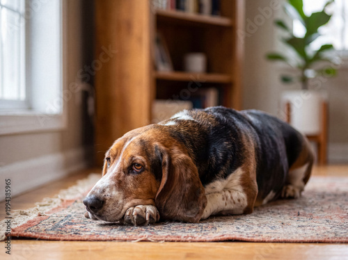 Принти на полотні Melancholy basset hound dog lying low on an ornate rug, resting its head on paws with a wistful expression