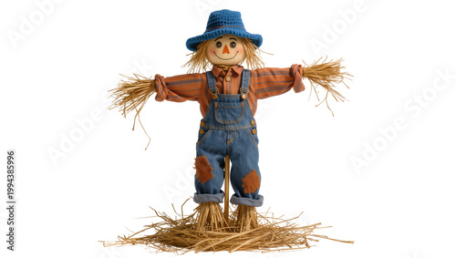 Photography Rustic Scarecrow with Hay Arms and Denim Overalls on Straw Mound