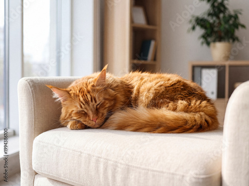 Schilderij op canvas Fluffy ginger cat, a beautiful domestic pet, sleeping soundly curled up on a comfy armchair, indoor photograph