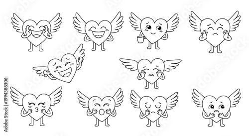 Collection of cute winged heart characters expressing various emotions and feelings for romantic or expressive design work.