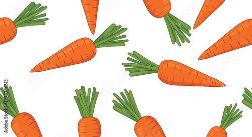 Vibrant seamless pattern of fresh orange carrots with green leafy tops on white background for kitchen and food design.