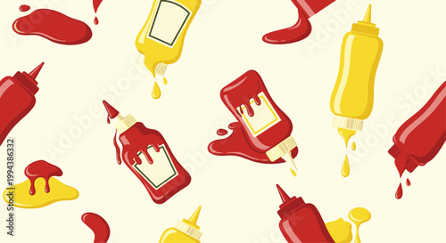 Condiment bottles of ketchup and mustard with spills form a fun seamless pattern for food industry and kitchen decoration.