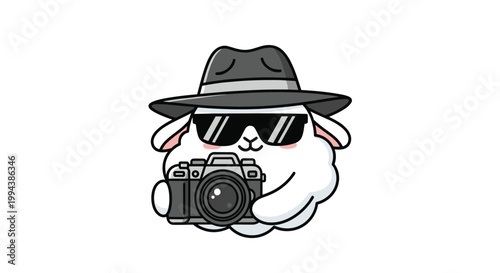 Adorable sheep character wearing a fedora and sunglasses holding a camera portrays a professional photographer in cartoon style.