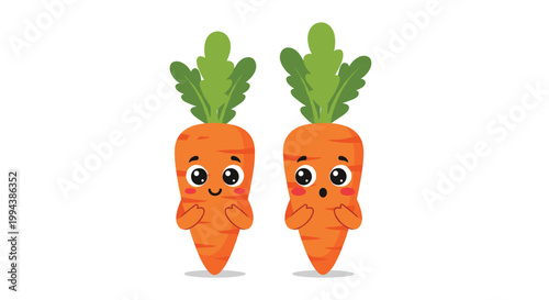 Pair of cute carrot characters with expressive smiling and surprised faces brings personality to healthy vegetable art.