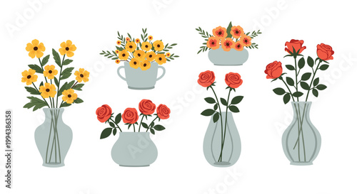 Collection of beautiful flower arrangements in various vases and pots showcases colorful floral decor for home and garden.