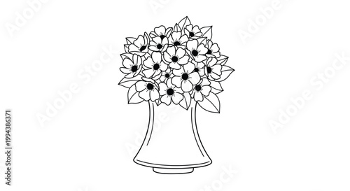 Detailed line art of a flower bouquet in a vase provides a beautiful coloring page or simple illustration for floral themes.