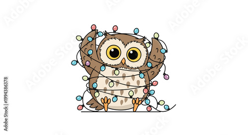 Cute cartoon owl wrapped in colorful Christmas lights captures the festive spirit and humor of the holiday season.