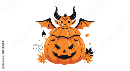 Little devil character popping out of a carved Halloween pumpkin creates a spooky yet cute holiday themed illustration.