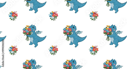 Charming blue dragon holding a colorful flower bouquet creates a whimsical seamless pattern for nursery decor and fabric.