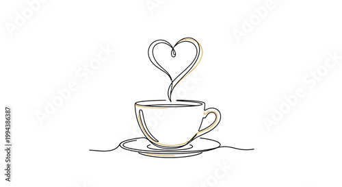 Continuous one line drawing of a coffee cup with heart shaped steam illustrates love for caffeine and morning routines.