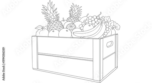 Wooden crate filled with fresh fruits like pineapple, bananas, and grapes depicted in a clean and simple line art style.